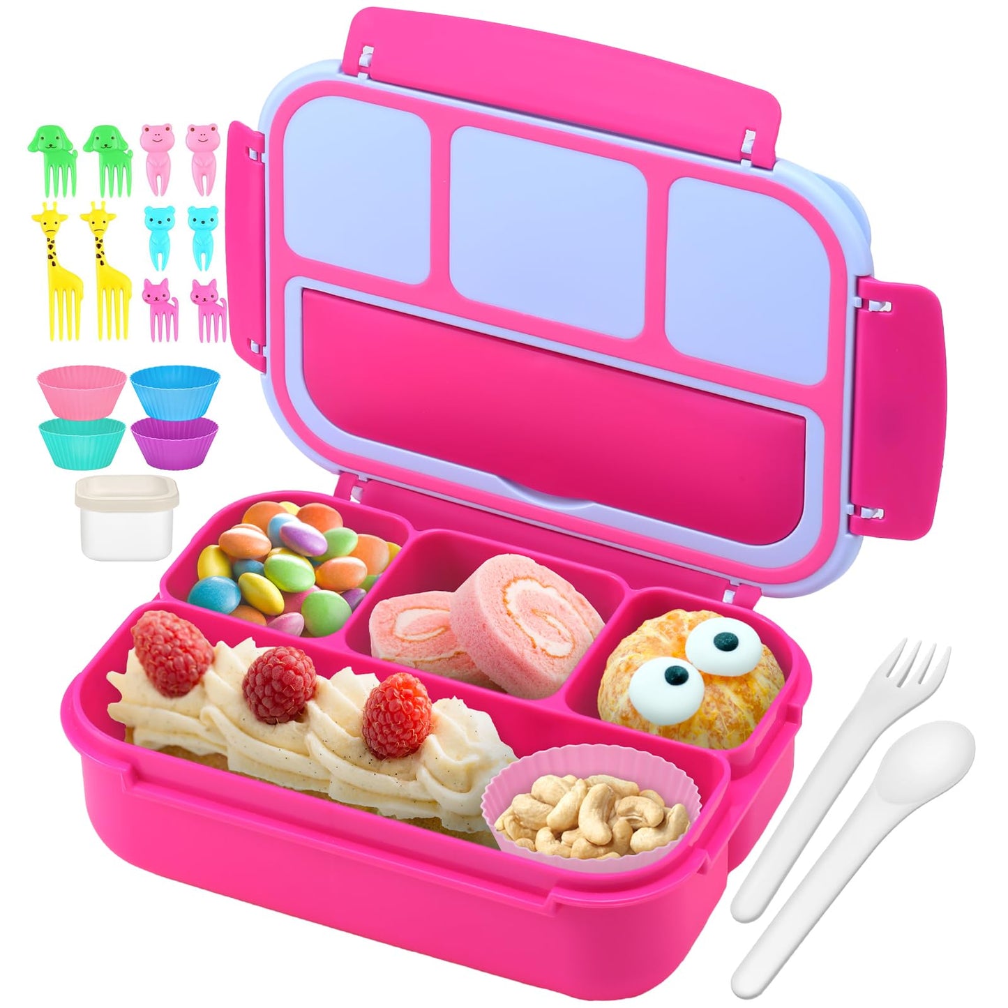 Bento Lunch Box for Kids - 4 Compartment Leak-Proof School Lunch Container with Utensils Purple Pink Blue