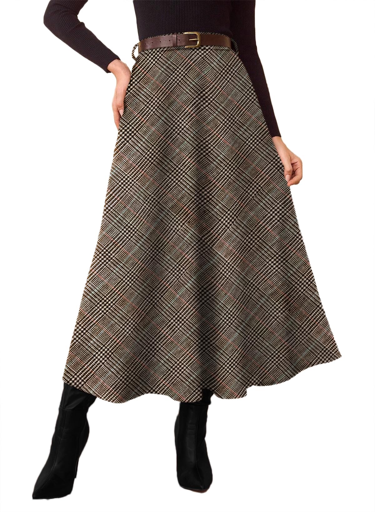 Women's Plaid Skirts - High Waist A-Line Midi Tartan Skirt with Pockets Dark Brown