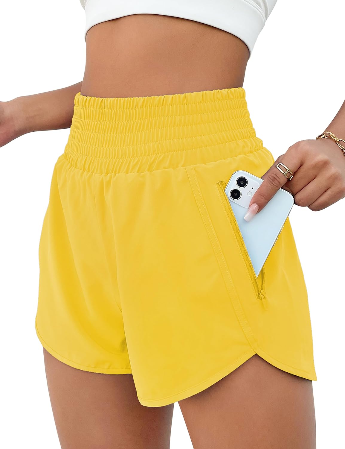 High Waisted Athletic Shorts Women Running Workout Shorts with Pockets Gym Sporty Bright Yellow