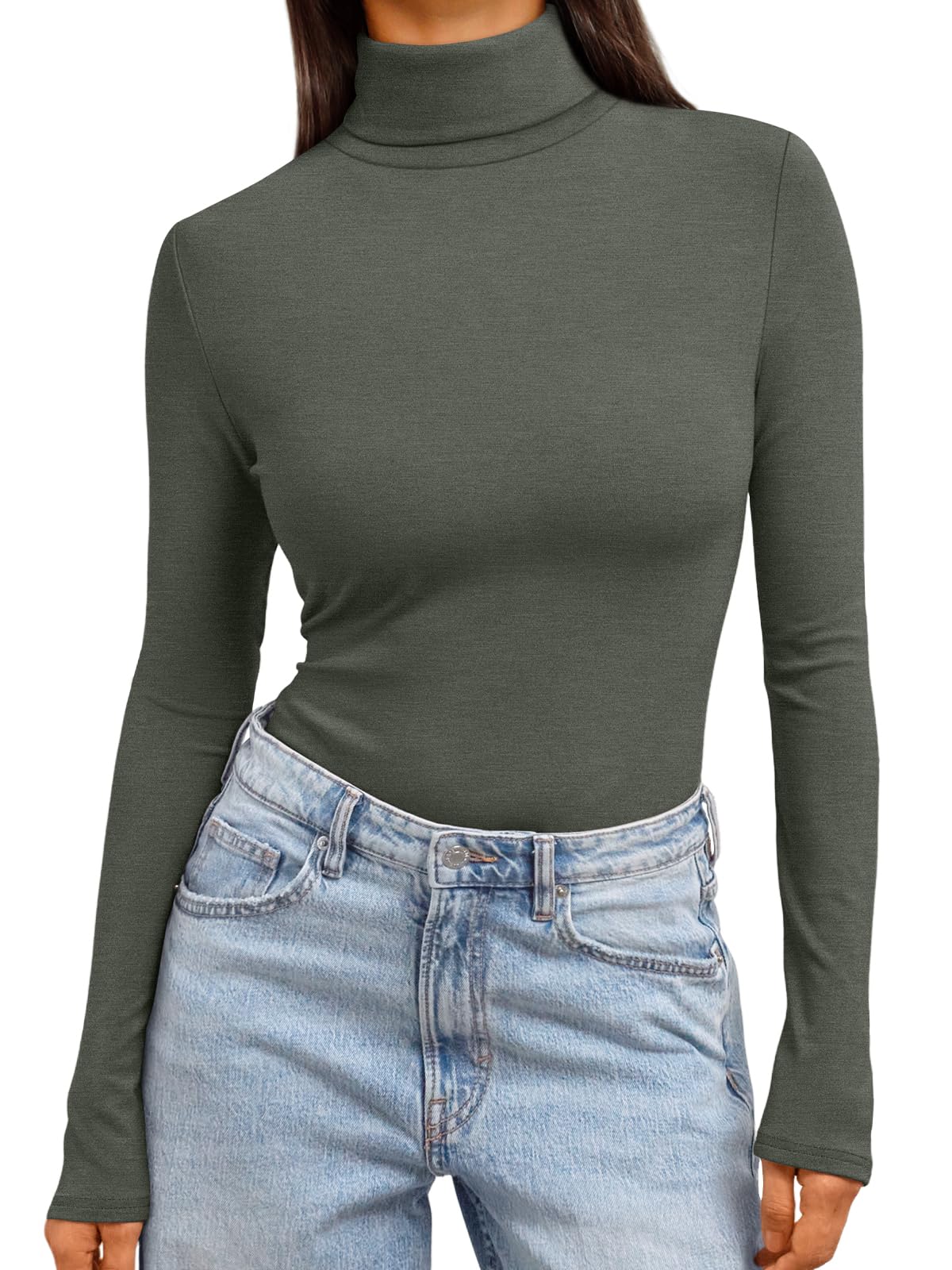 Women's Turtleneck Long Sleeve Shirts - Basic Thermal Underwear Tops Olive