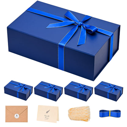 Gift Boxes with Lids 2 Pack - Magnetic Closure with Ribbon, Card, Filler & Sticker 1 Count (Pack of 5) Navy Blue