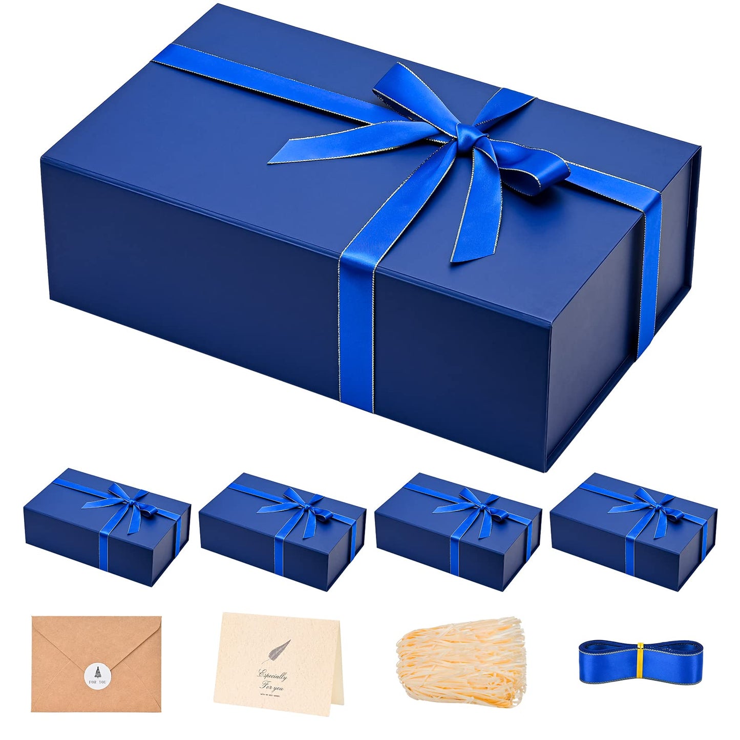 Gift Boxes with Lids 2 Pack - Magnetic Closure with Ribbon, Card, Filler & Sticker 1 Count (Pack of 5) Navy Blue