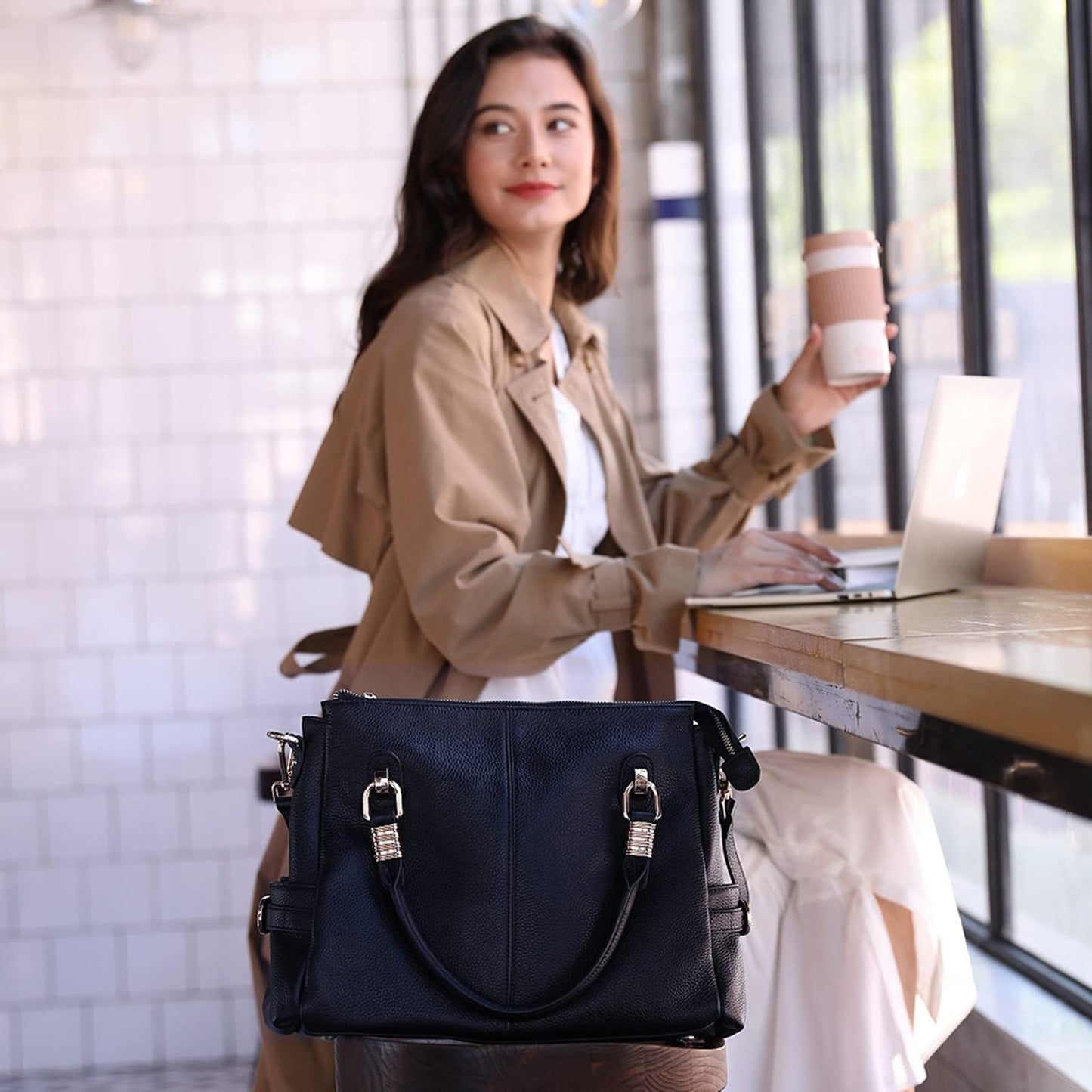 Women Genuine Leather Handbag - Soft Satchel Tote Shoulder Bag with Adjustable Strap