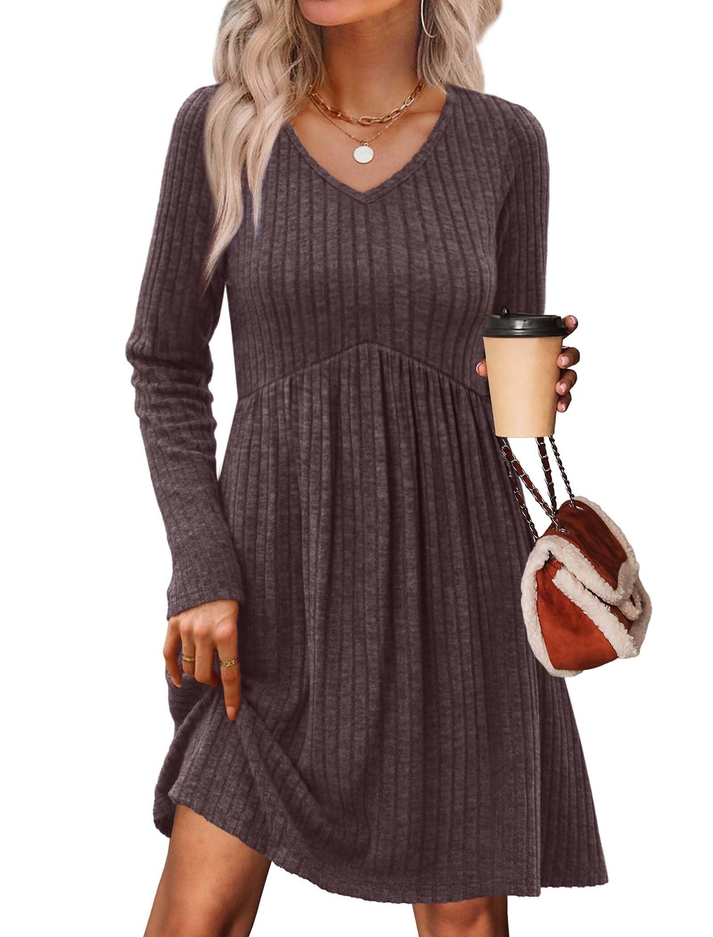 Women's Long Sleeve Sweater Dress - V Neck Empire Waist Babydoll Dress with Pockets