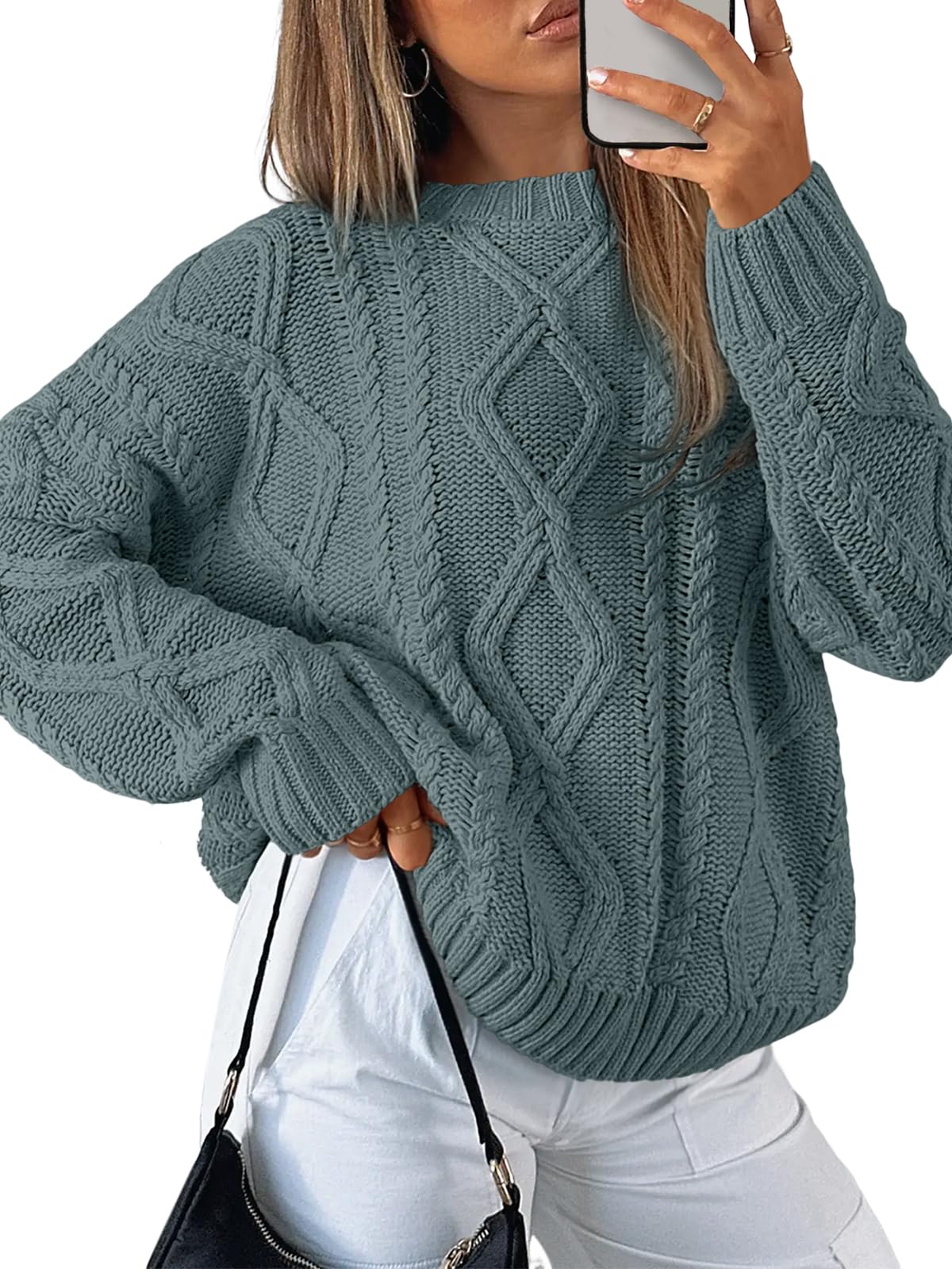 Women's Oversized Cable Knit Crewneck Sweaters - Cozy Fall Pullover