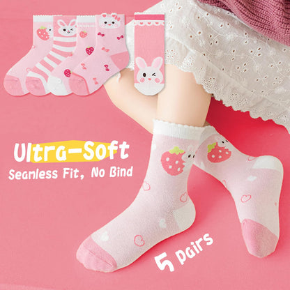 Girls Cotton Crew Socks 5 Pack - Cartoon Bunny Animal Socks for Kids Ages 2-12