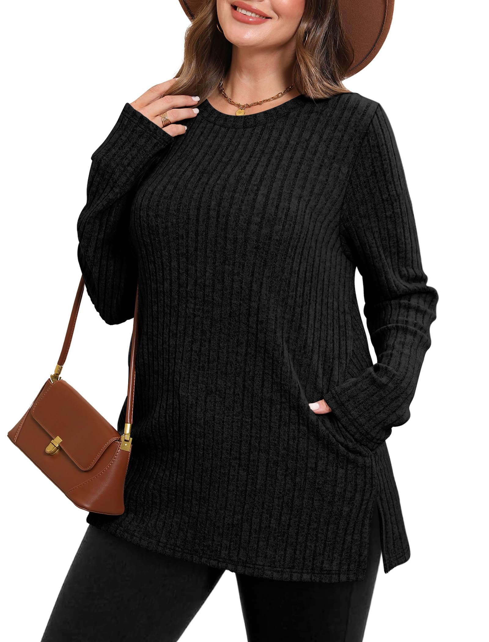 Women's Crewneck Sweater with Pockets - Long Sleeve Tunic Top with Side Slits