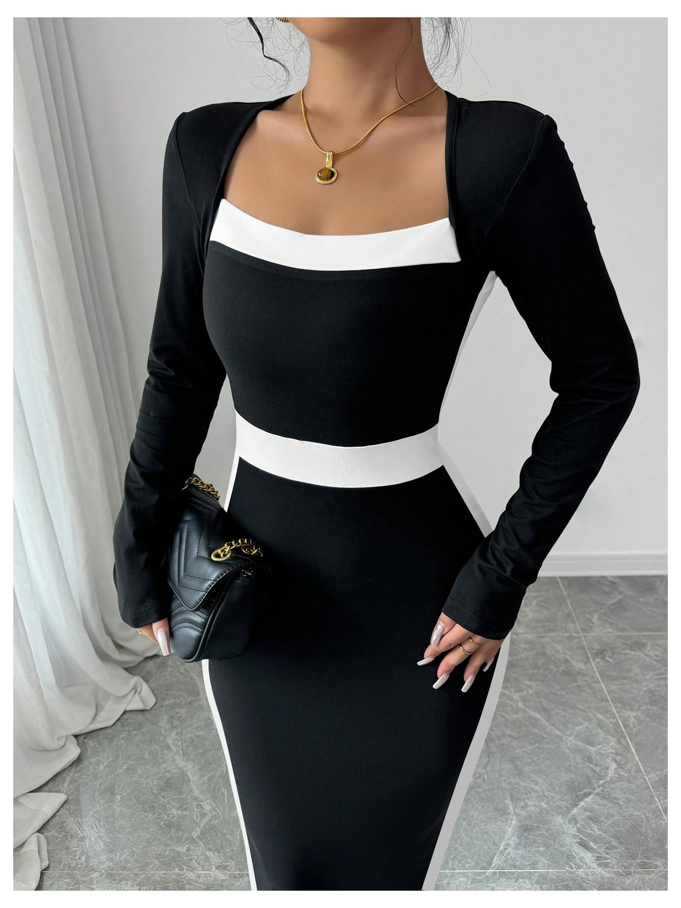 Women Midi Dress - Color Block Square Neck Long Sleeve Bodycon Dress