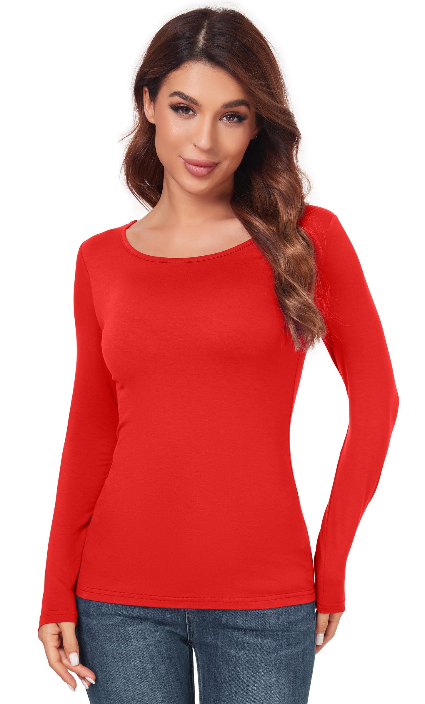 Women's Scoop Neck Long Sleeve Top - Slim Fit Thermal Blouse Basic Layer Shirt