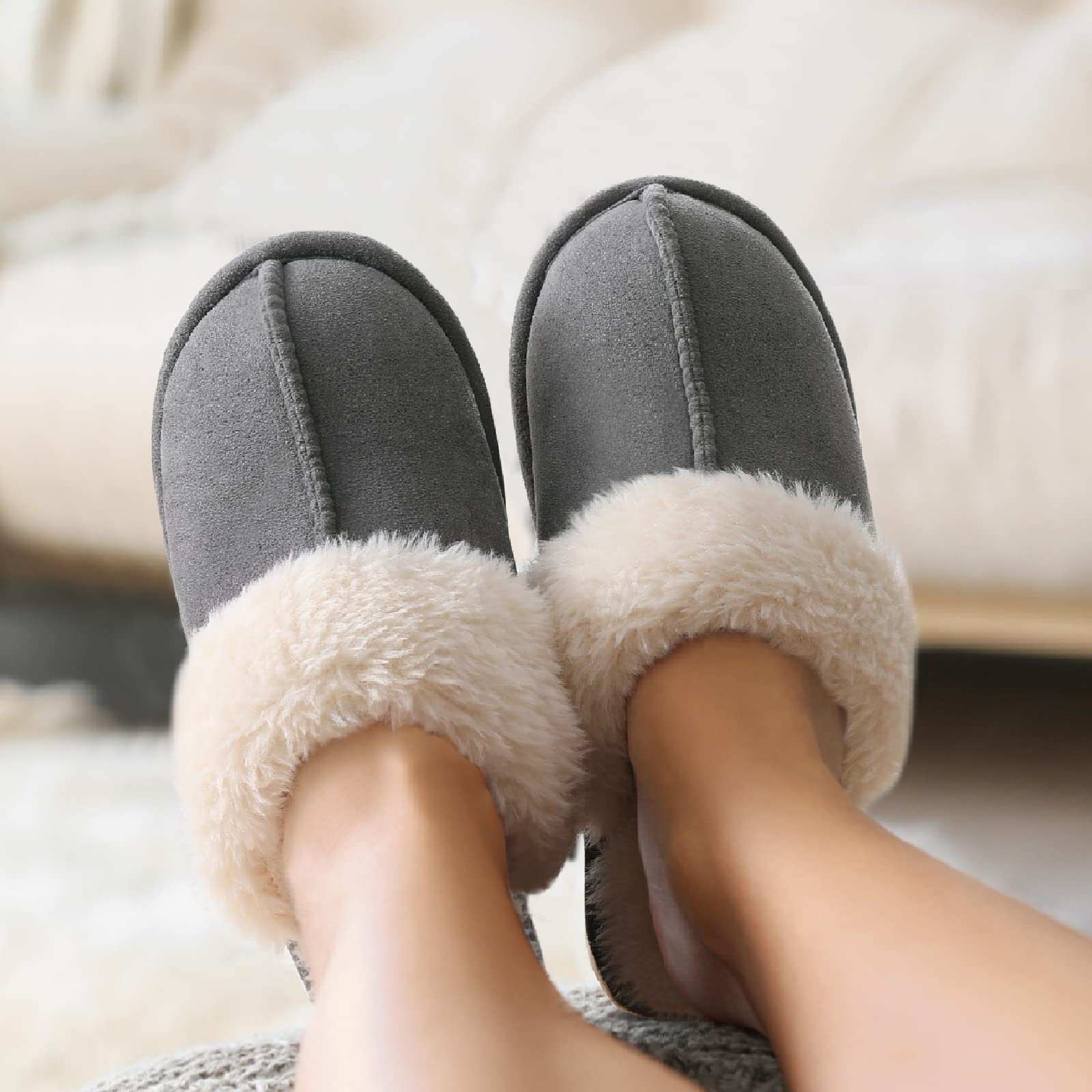 Fuzzy Memory Foam Slippers for Women - Fluffy Winter House Shoes Indoor Outdoor