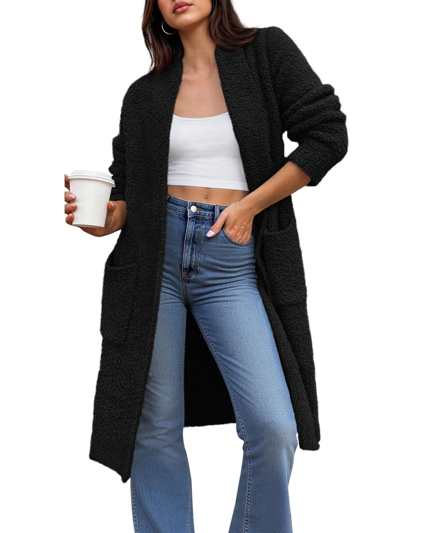 Women's Long Cardigan Sweater - Open Front Oversized Knit Coat with Pockets