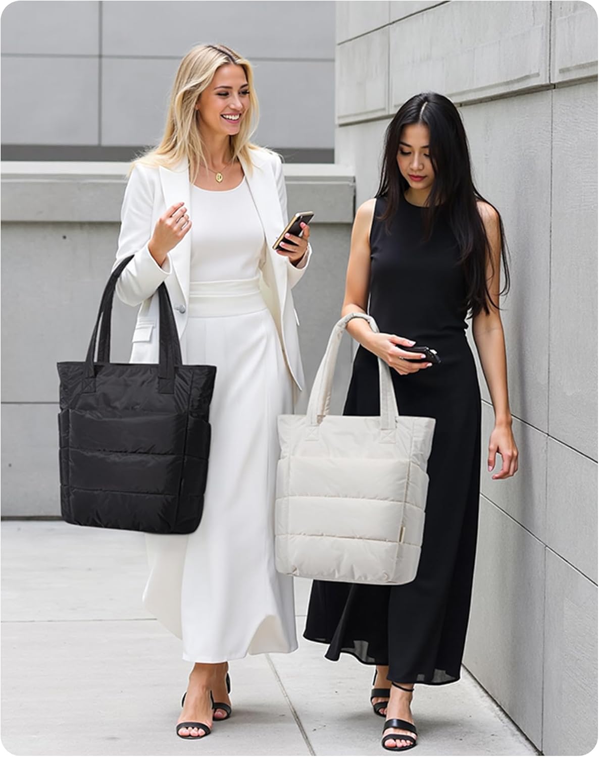 Women's Quilted Tote Bag Lightweight Puffy Shoulder Bag with Compartments