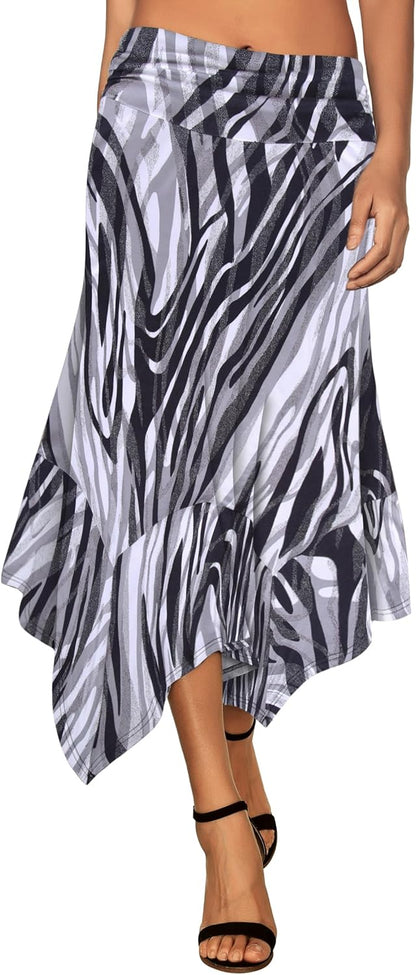 Women's Flowy Handkerchief Hemline Midi Skirt - Elastic Waist Asymmetrical Hem Zebra-stripes