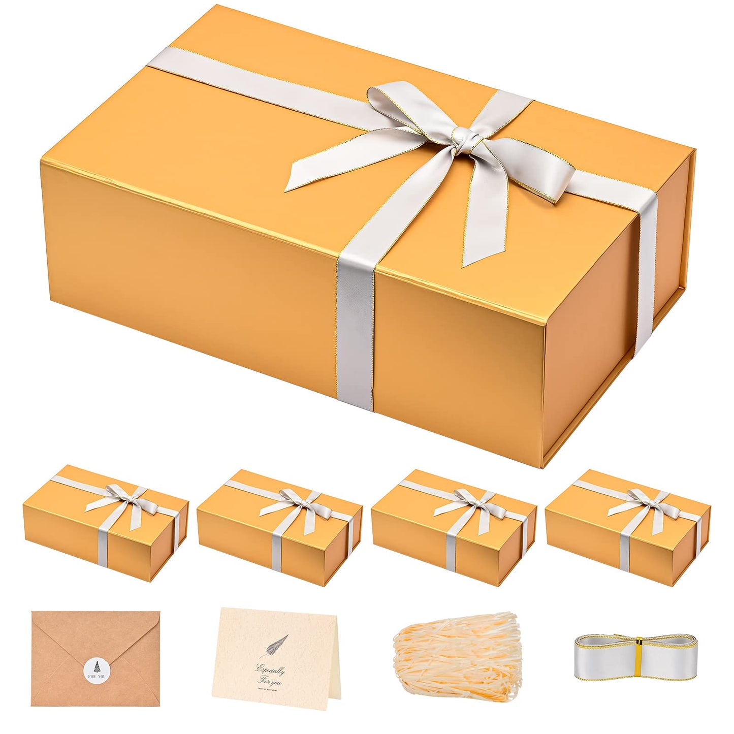 Gift Boxes with Lids 2 Pack - Magnetic Closure with Ribbon, Card, Filler & Sticker 1 Count (Pack of 5) Gold