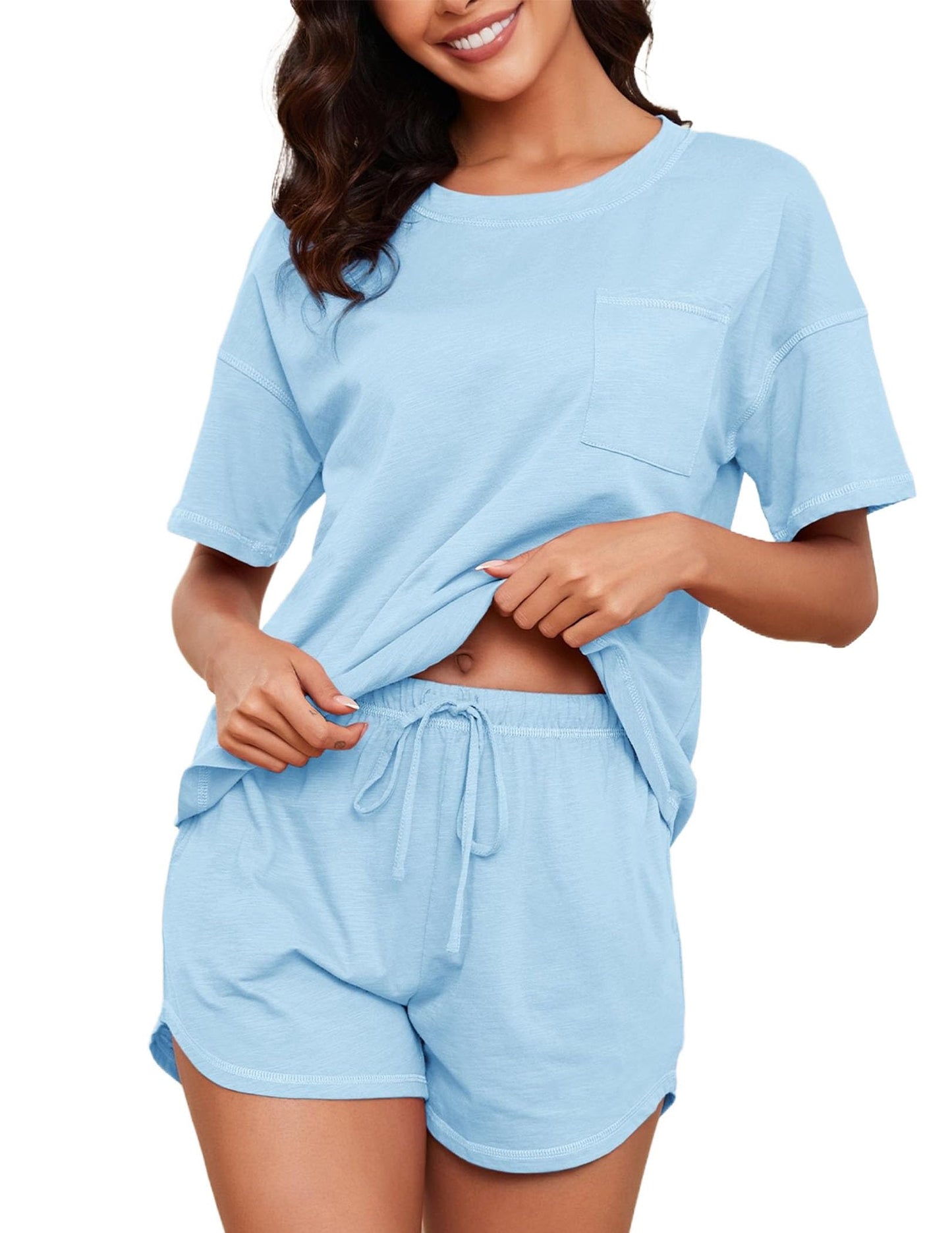 Women's Cotton Pajama Set - Short Sleeve Top and Shorts Sleepwear Lounge Set