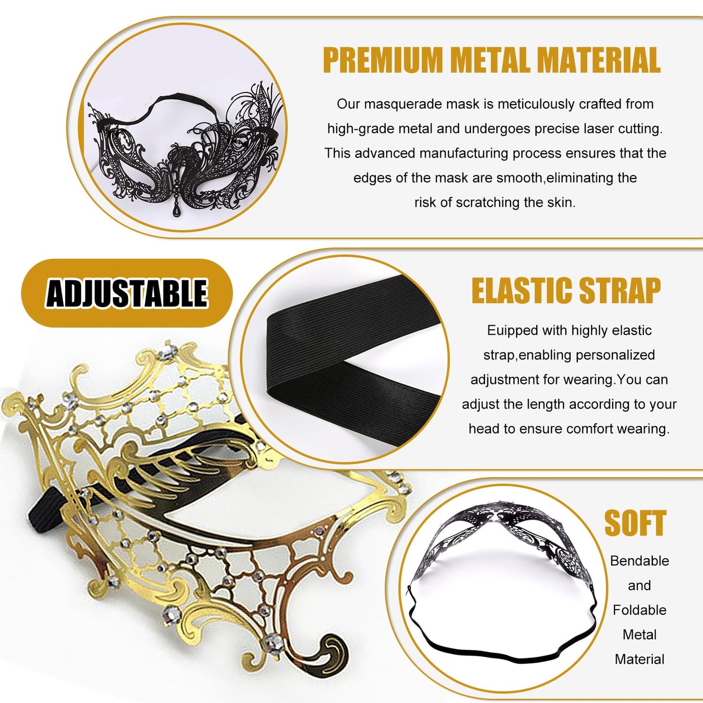 Rhinestone Metal Masquerade Mask for Women - Venetian Party Mask - Elegant Prom Ball Costume Accessory