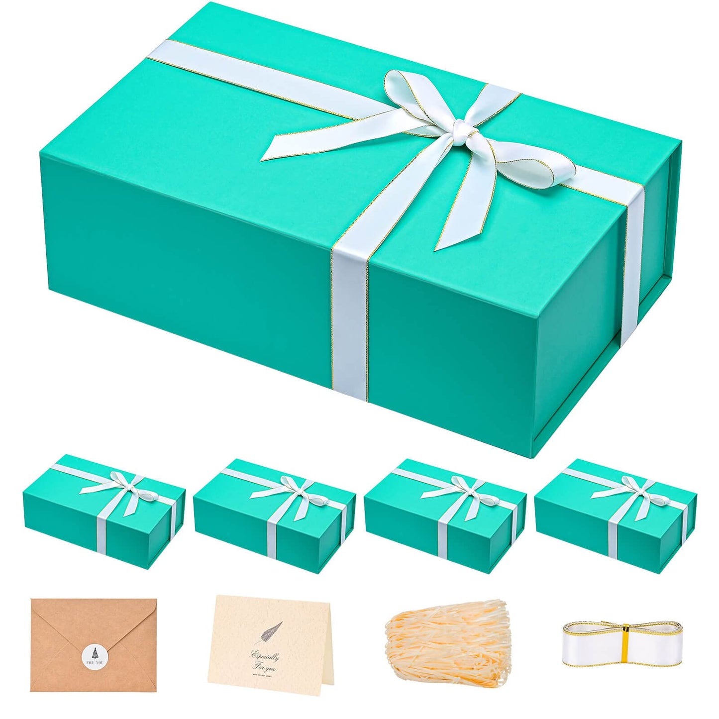 Gift Boxes with Lids 2 Pack - Magnetic Closure with Ribbon, Card, Filler & Sticker 1 Count (Pack of 5) Green Blue