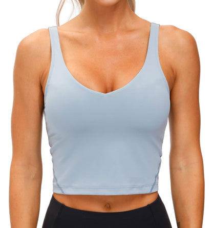 Longline Sports Bra Women Wirefree Padded Medium Support Workout Bra Denim Blue