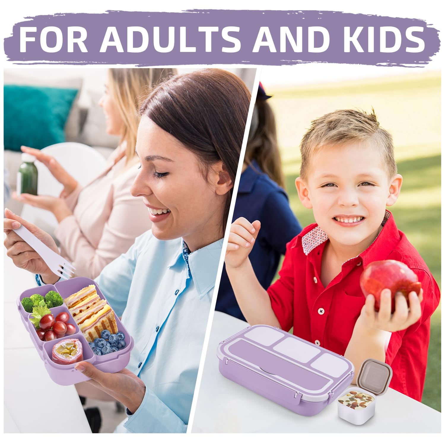 Bento Lunch Box for Kids - 4 Compartment Leak-Proof School Lunch Container with Utensils Purple