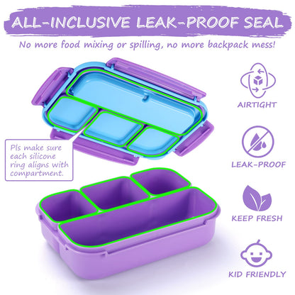 Bento Lunch Box for Kids - 4 Compartment Leak-Proof School Lunch Container with Utensils Purple