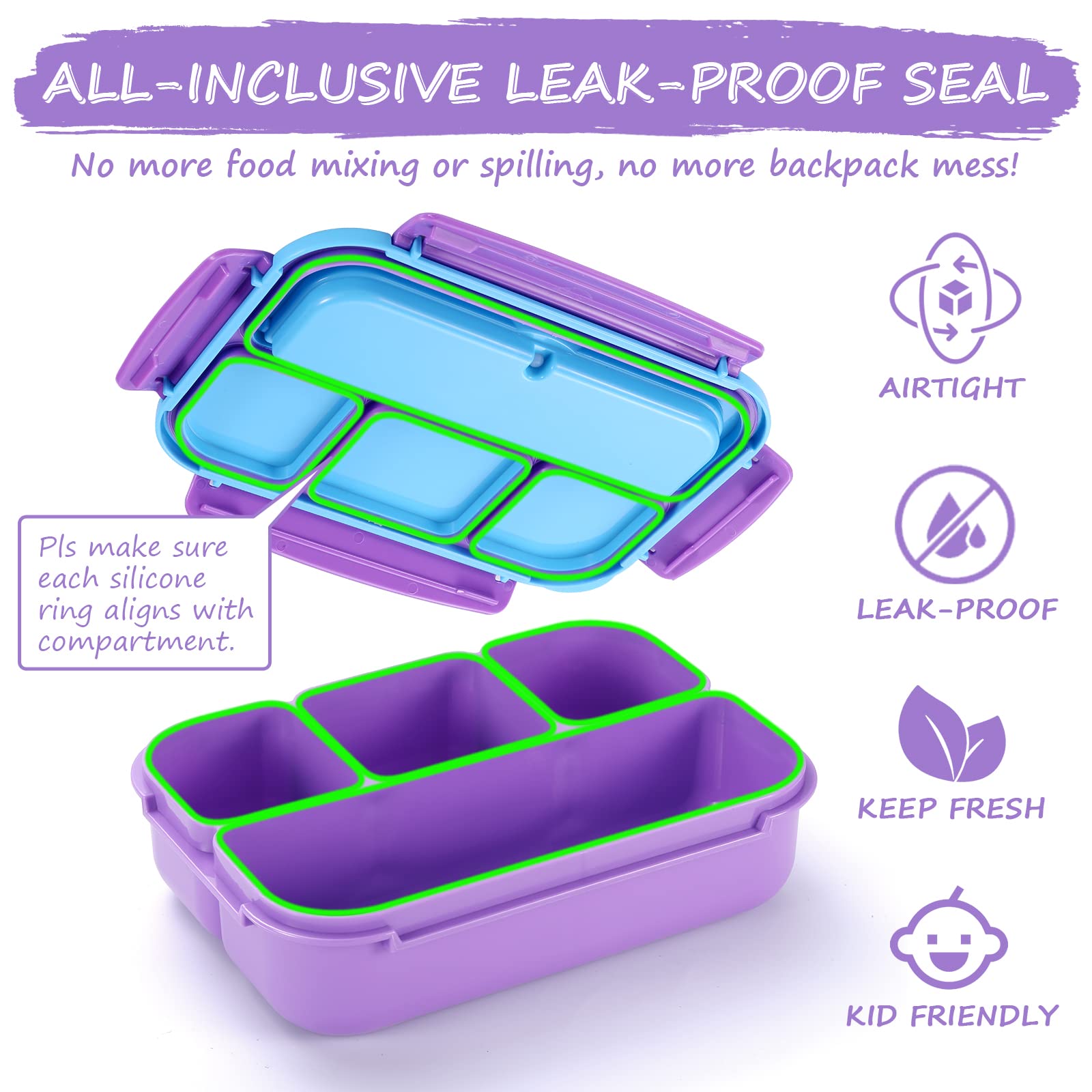 Bento Lunch Box for Kids - 4 Compartment Leak-Proof School Lunch Container with Utensils Purple