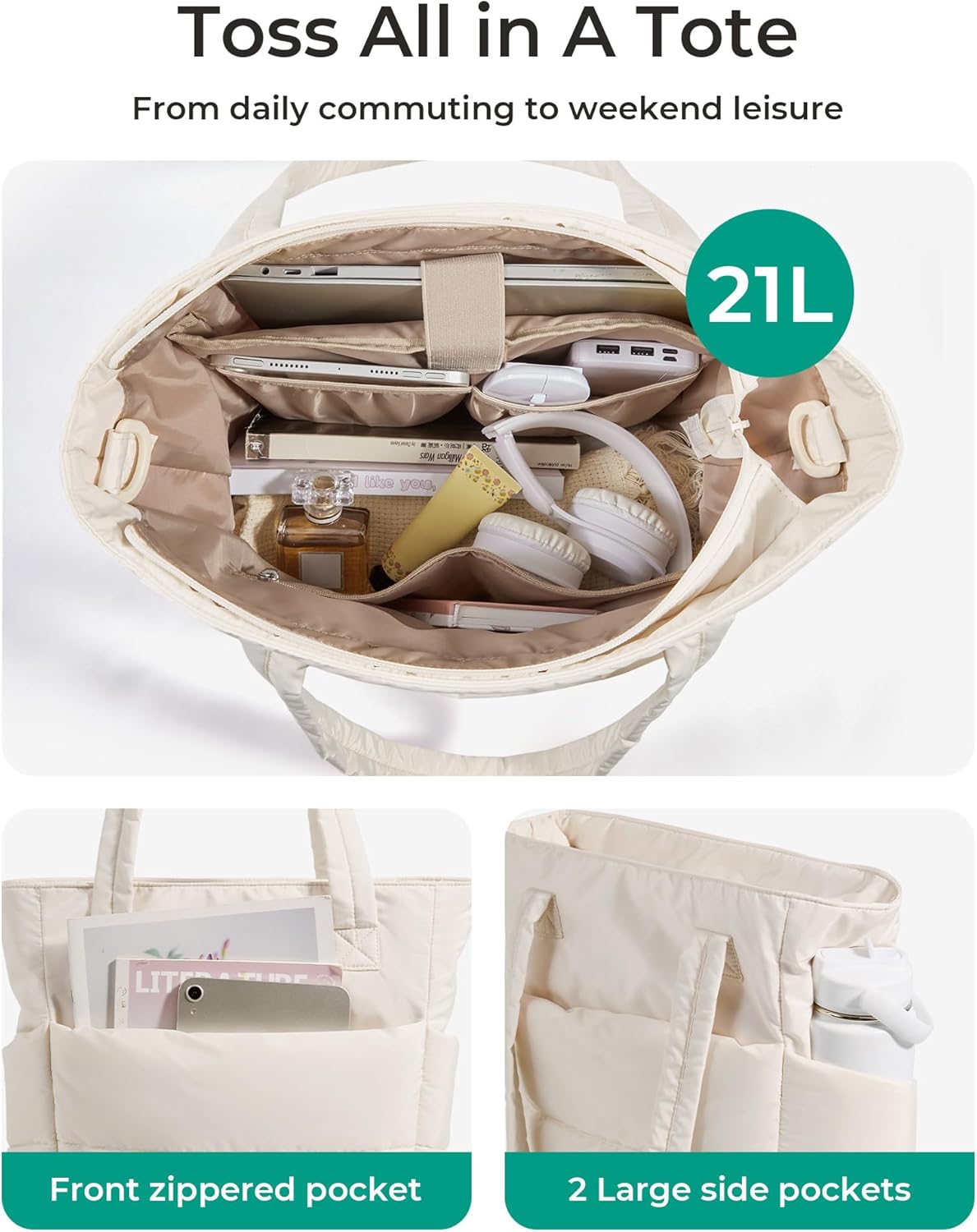 Women's Quilted Tote Bag Lightweight Puffy Shoulder Bag with Compartments