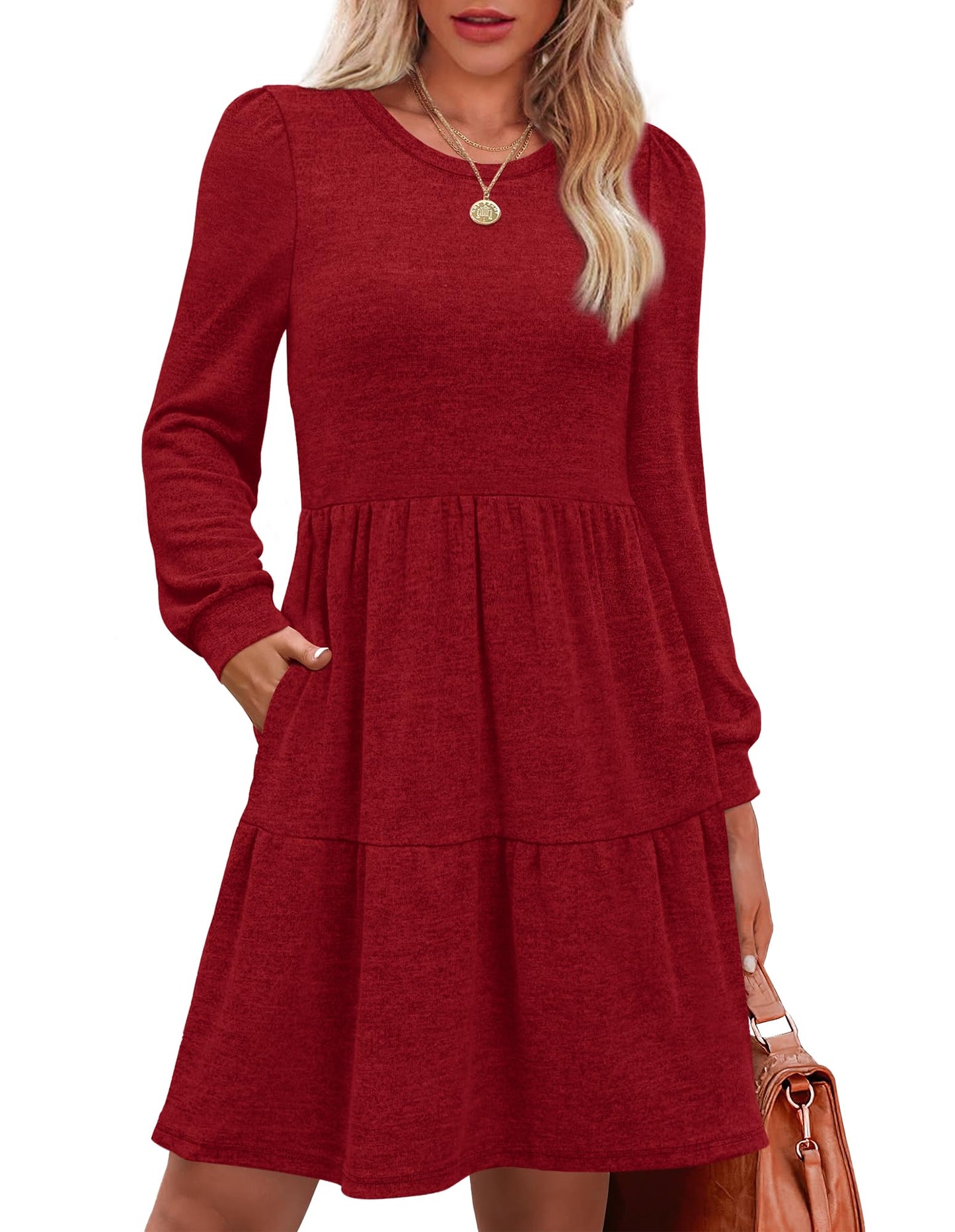 Women's Long Sleeve Fall Dresses with Pockets - Crew Neck Babydoll Casual Dress