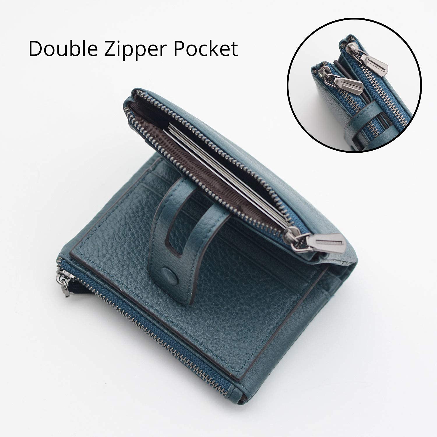 Women Leather Wallet - Small RFID Blocking Card Holder with Double Zipper