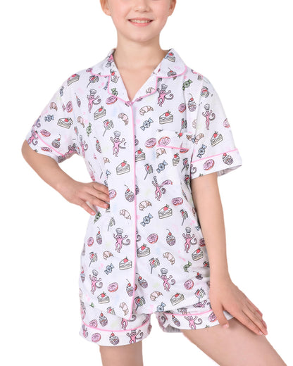 Roller Rabbit Pajamas Kids - Girls Summer 2 Piece Set - Button Down Top and Shorts White