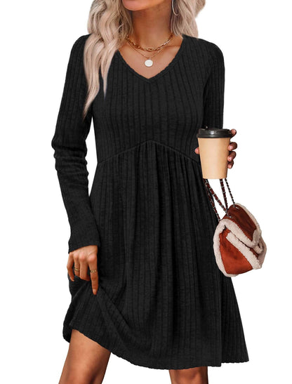Women's Long Sleeve Sweater Dress - V Neck Empire Waist Babydoll Dress with Pockets