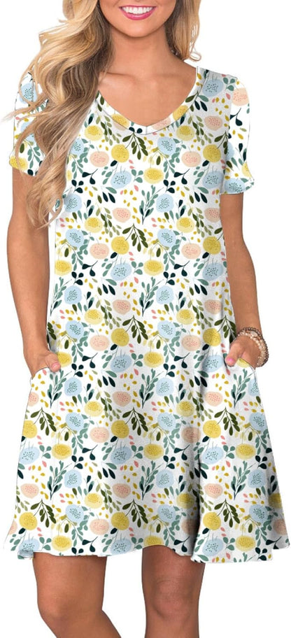 Women's Casual T-Shirt Dress Short Sleeve Summer Swing Dress with Pockets Macaron Floral Grass