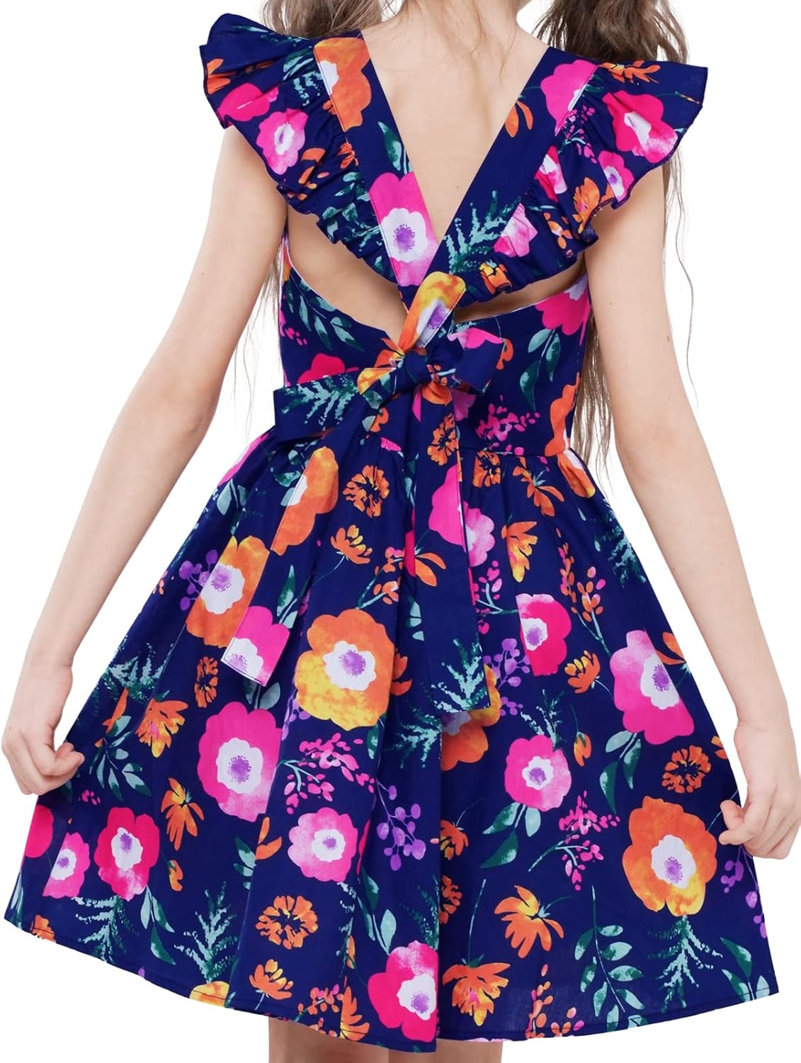 Girls Floral Cotton Dress - Sleeveless Summer Dress with Zipper Closure D80