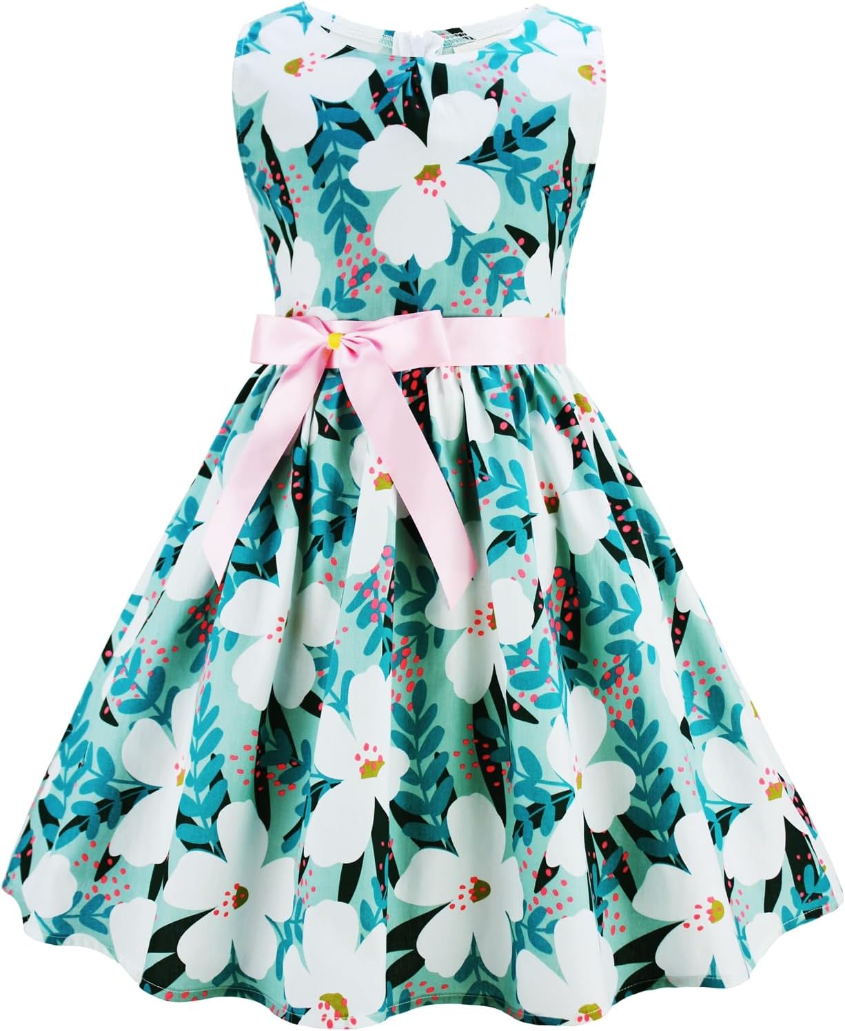 Girls Floral Cotton Dress - Sleeveless Summer Dress with Zipper Closure 4-5T E69