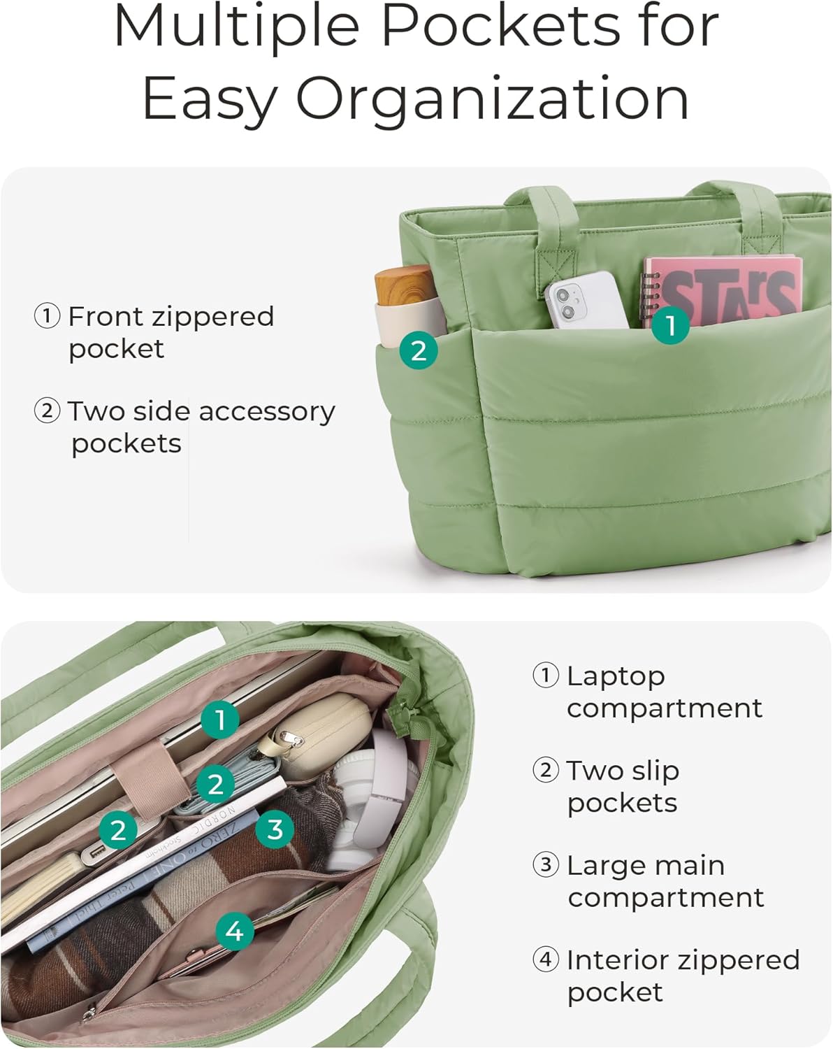 Women's Quilted Tote Bag Lightweight Puffy Shoulder Bag with Compartments