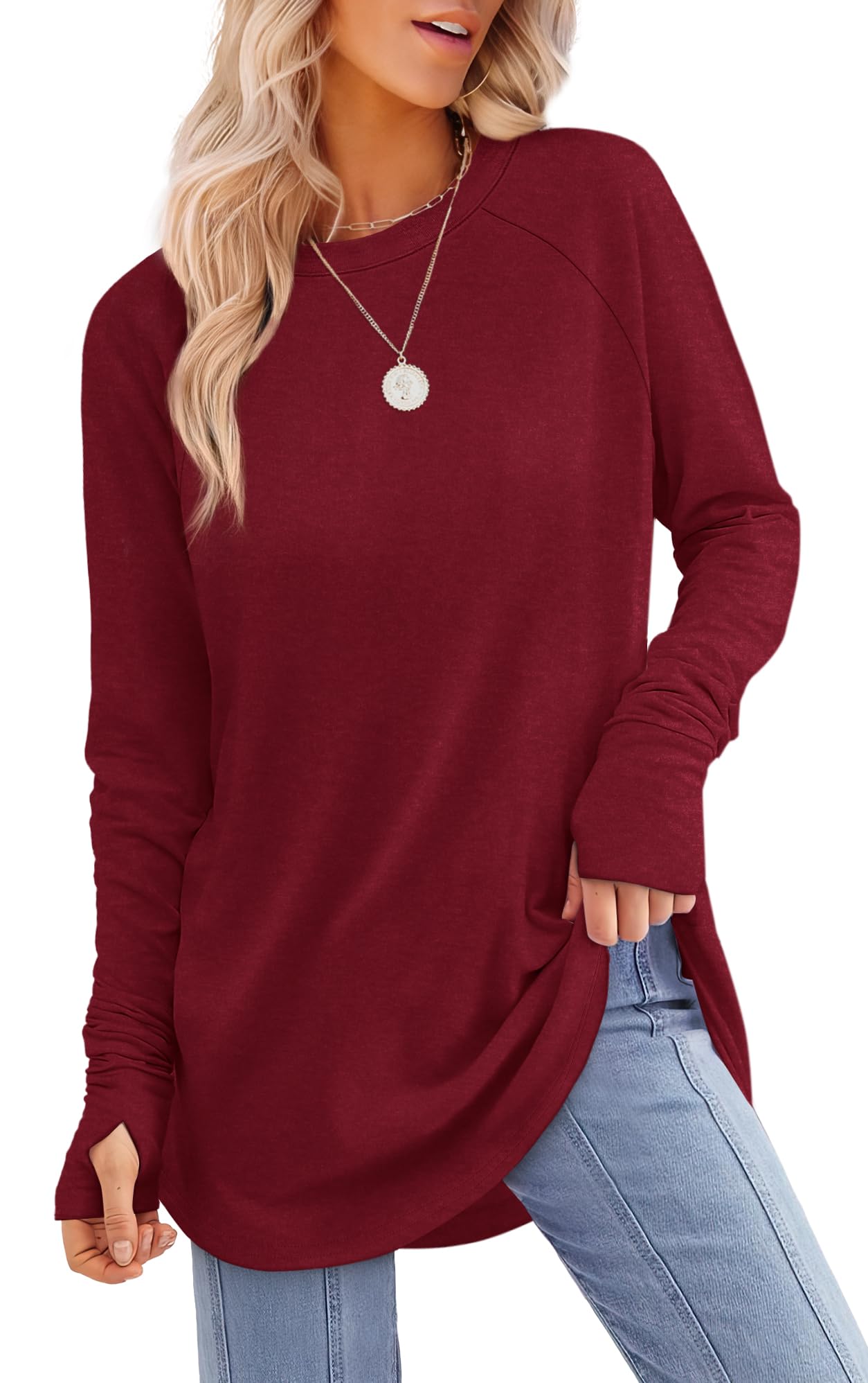 Tunic Top with Thumb Holes for Women - Long Sleeve Shirt with Curved Hem