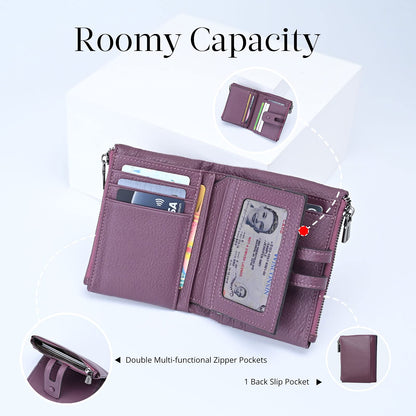 Women Leather Wallet - Small RFID Blocking Card Holder with Double Zipper