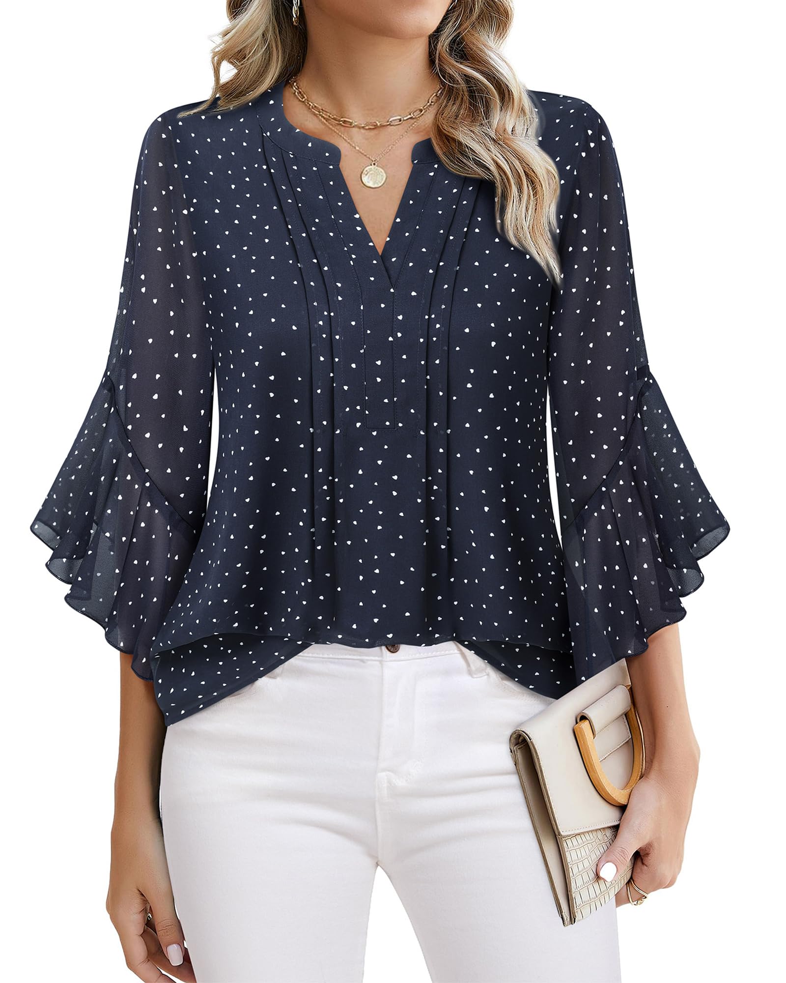 Beautiful Blouses For Ladies - Women's 3/4 Sleeve Chiffon Blouse Dressy Business Casual Work Shirt