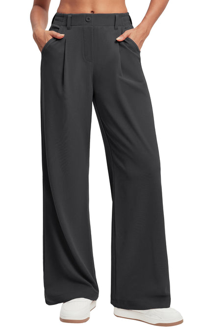 Women's Wide Leg Work Pants - Stretchy Pull-On Business Casual Trousers with Pockets Large Charcoal- 26'' Petite