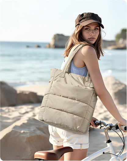 Women's Quilted Tote Bag Lightweight Puffy Shoulder Bag with Compartments