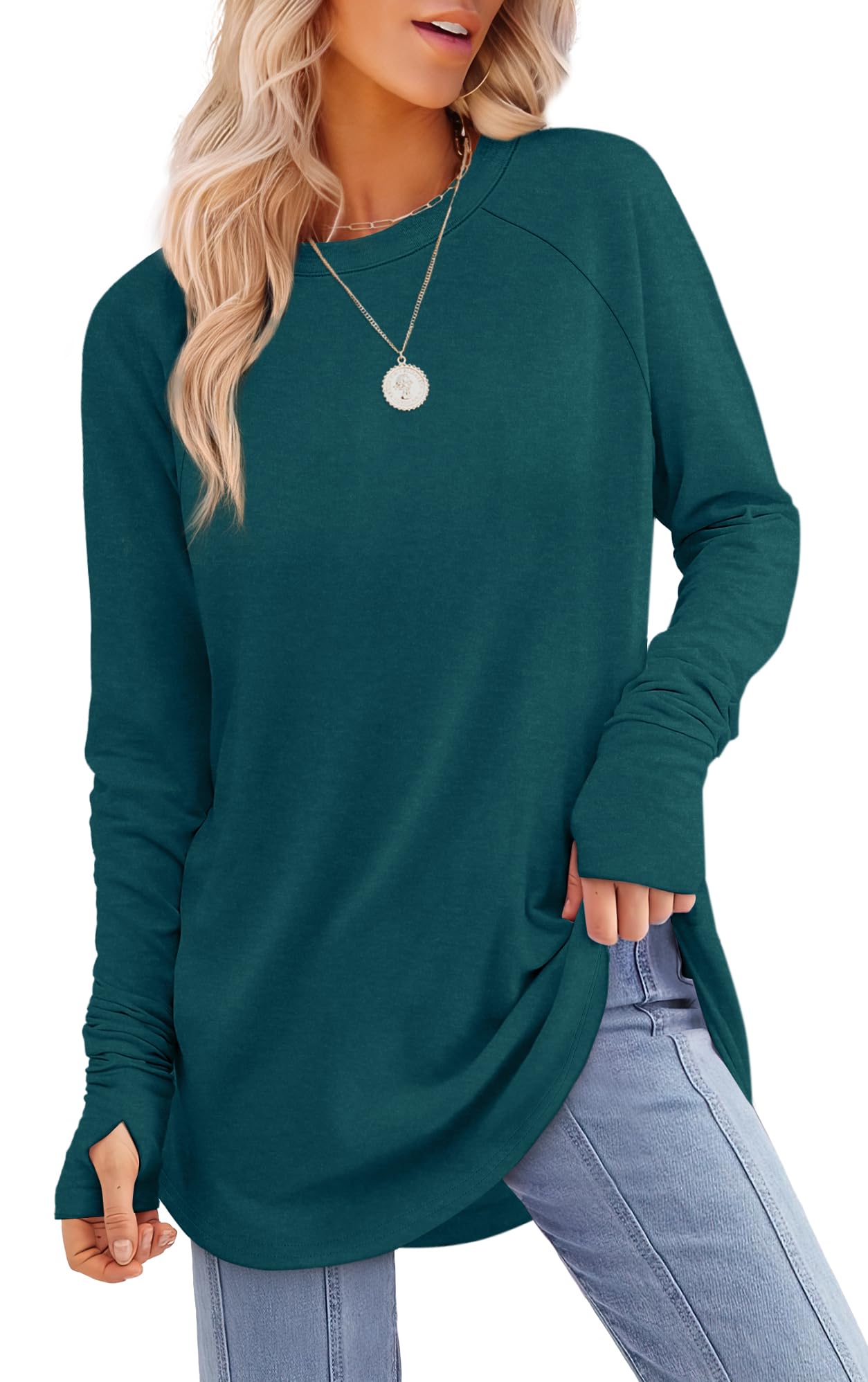 Tunic Top with Thumb Holes for Women - Long Sleeve Shirt with Curved Hem