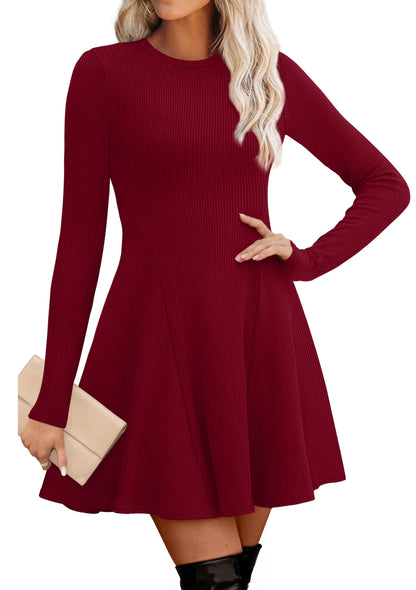 Women's Sweater Dress - Long Sleeve Ribbed Knit Fit and Flare A-Line Dress