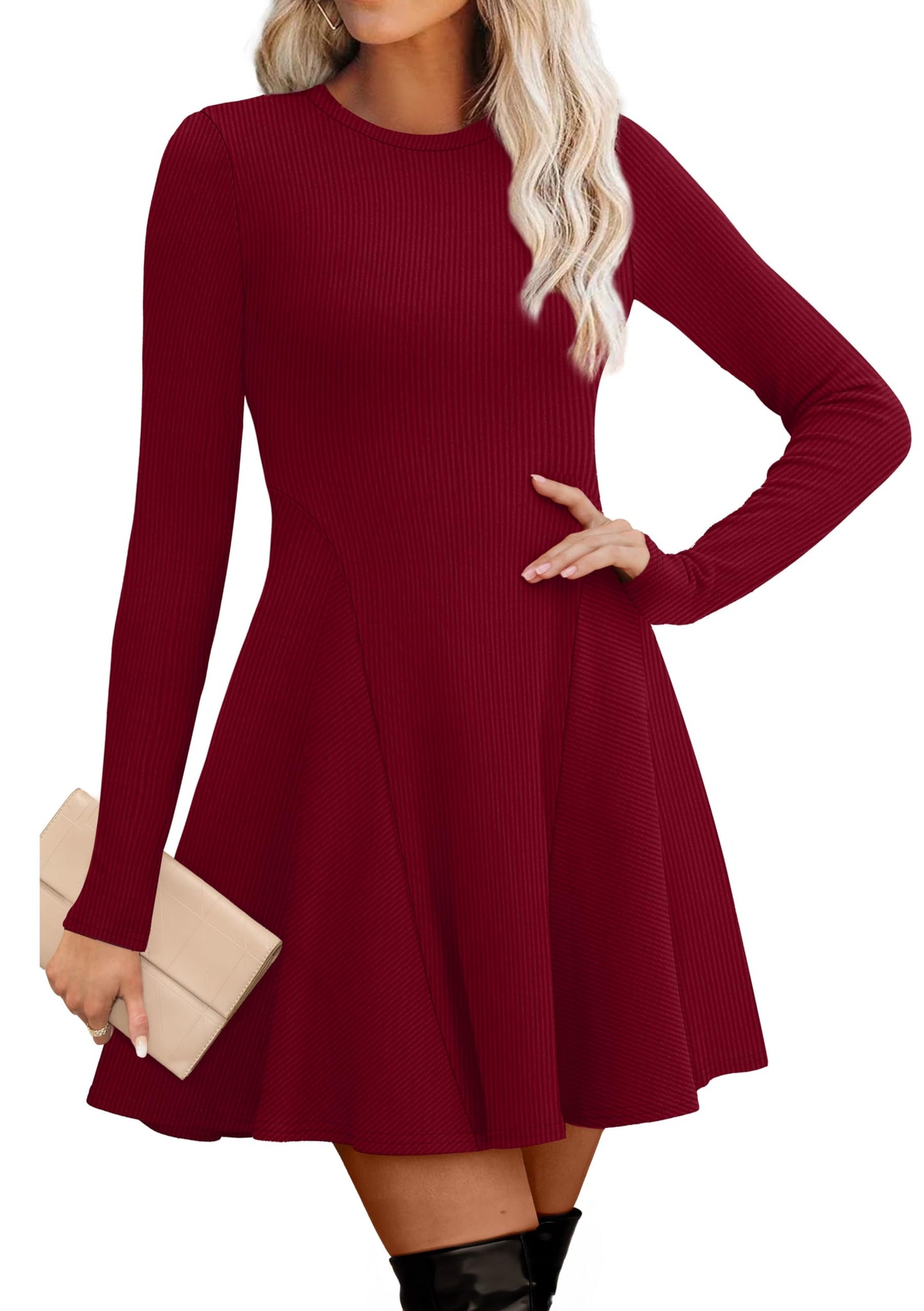 Women's Sweater Dress - Long Sleeve Ribbed Knit Fit and Flare A-Line Dress