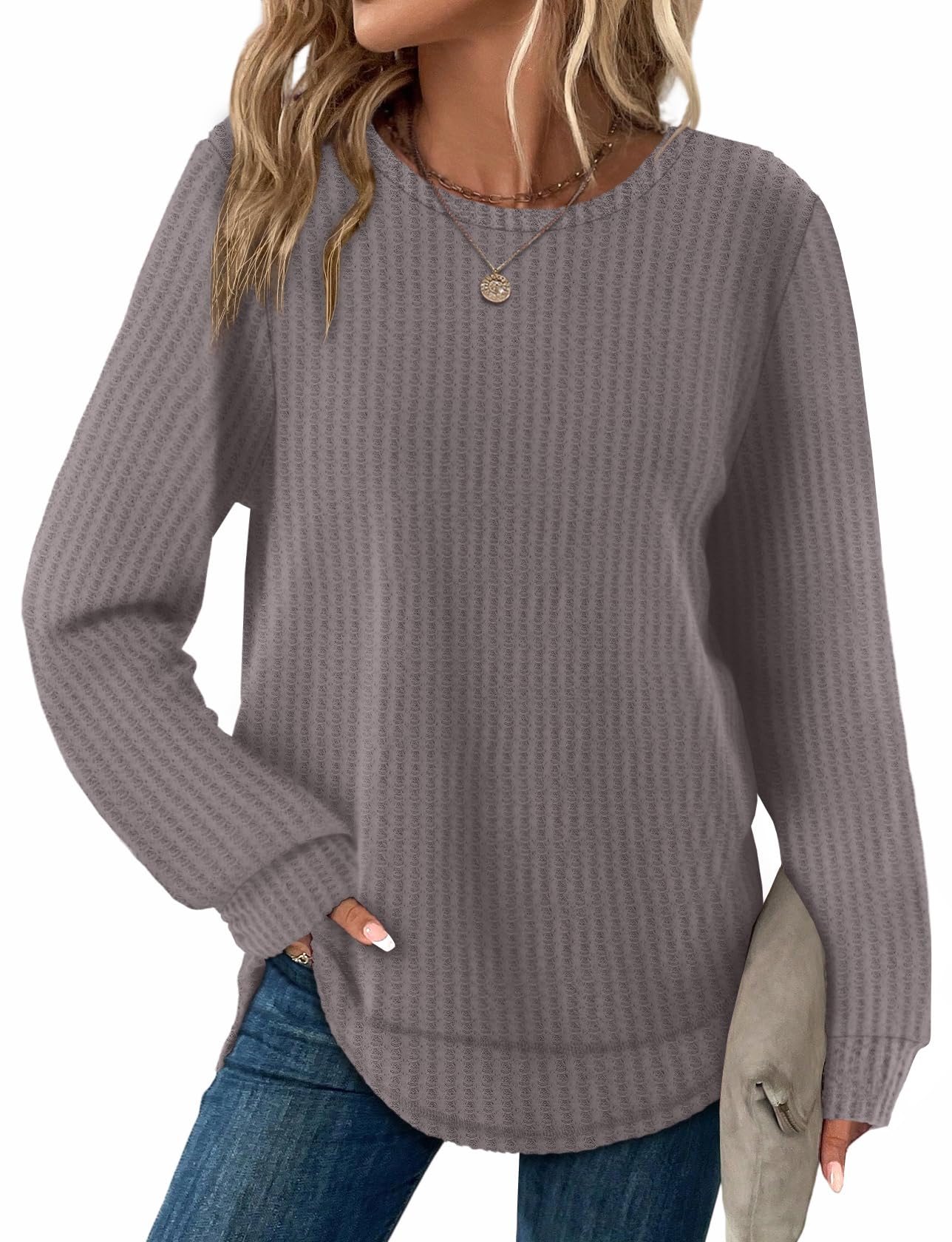 Women's Tunic Tops - Loose Fit Waffle Knit Long Sleeve Crewneck Sweaters Grey