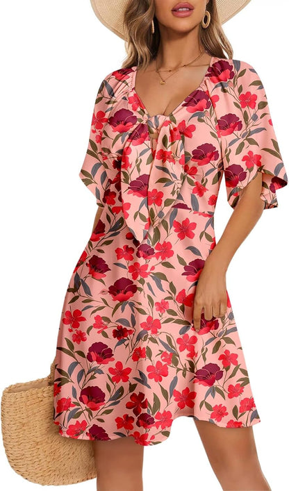 Women's Deep V-Neck Mini Dress with Bow Tie - Elegant Summer Fall Outfit Large Multicoloured D