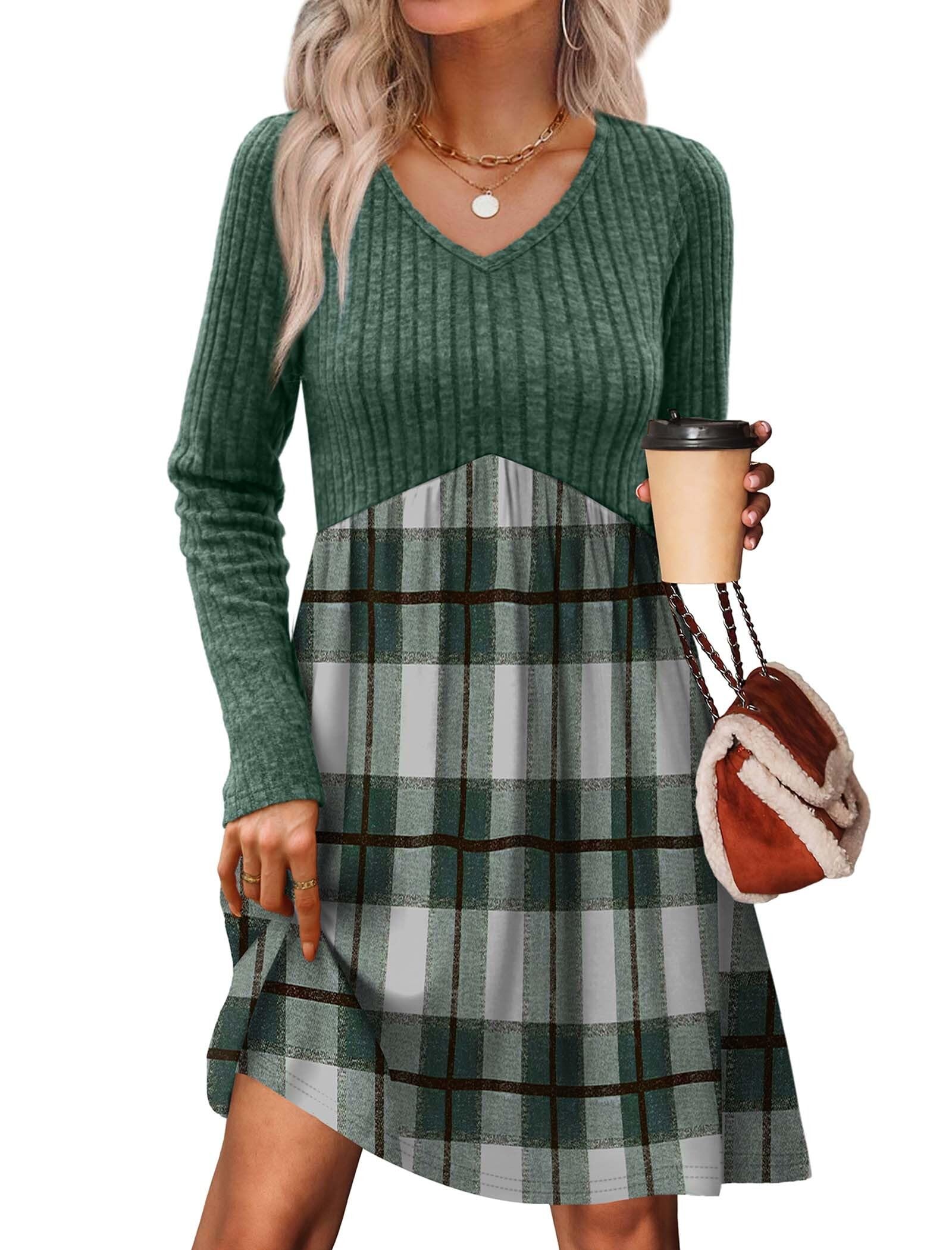 Women's Long Sleeve Sweater Dress - V Neck Empire Waist Babydoll Dress with Pockets