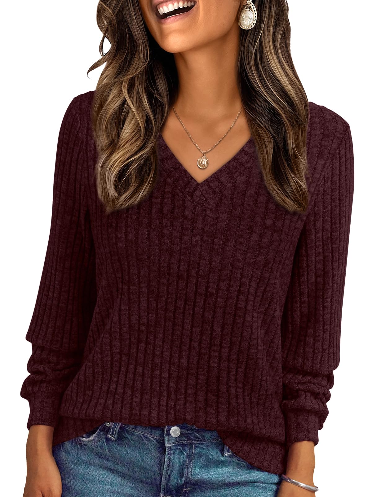 V Neck Long Sleeve Sweater for Women - Loose Fit Tunic Top for Fall & Winter