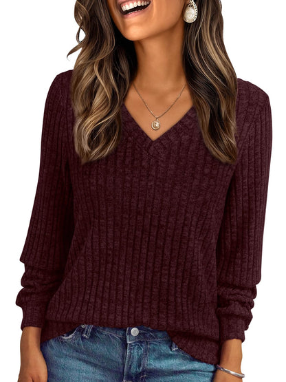 V Neck Long Sleeve Sweater for Women - Loose Fit Tunic Top for Fall & Winter Maroon