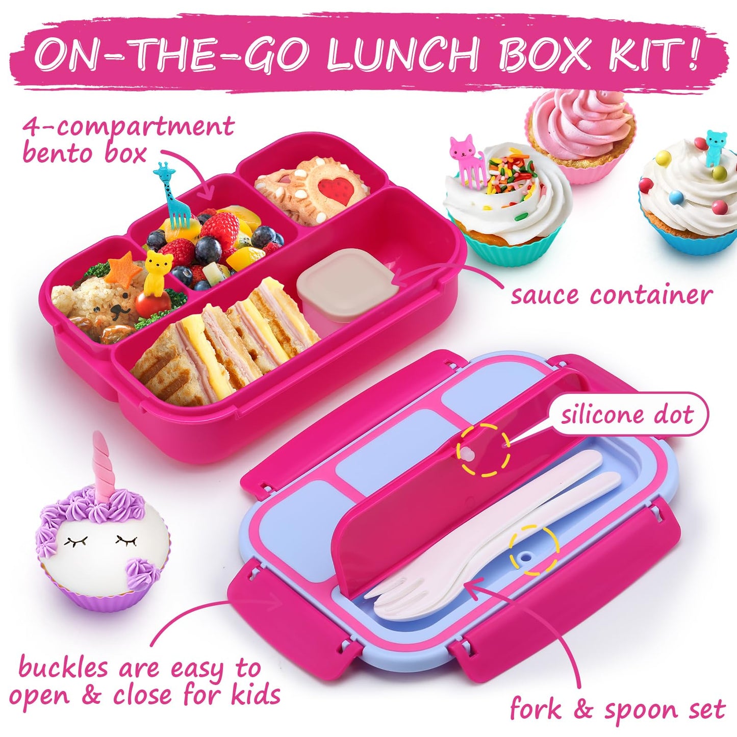 Bento Lunch Box for Kids - 4 Compartment Leak-Proof School Lunch Container with Utensils Purple