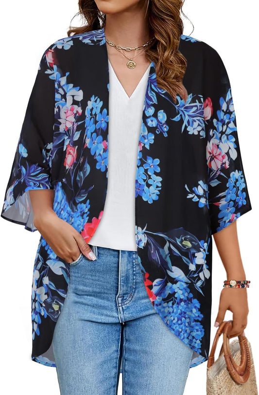 Floral Print Kimono Cardigan Women Puff Sleeve Cover Up Casual Blouse Loose Top Medium Blue Pink Flower