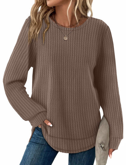 Women's Tunic Tops - Loose Fit Waffle Knit Long Sleeve Crewneck Sweaters A-coffee